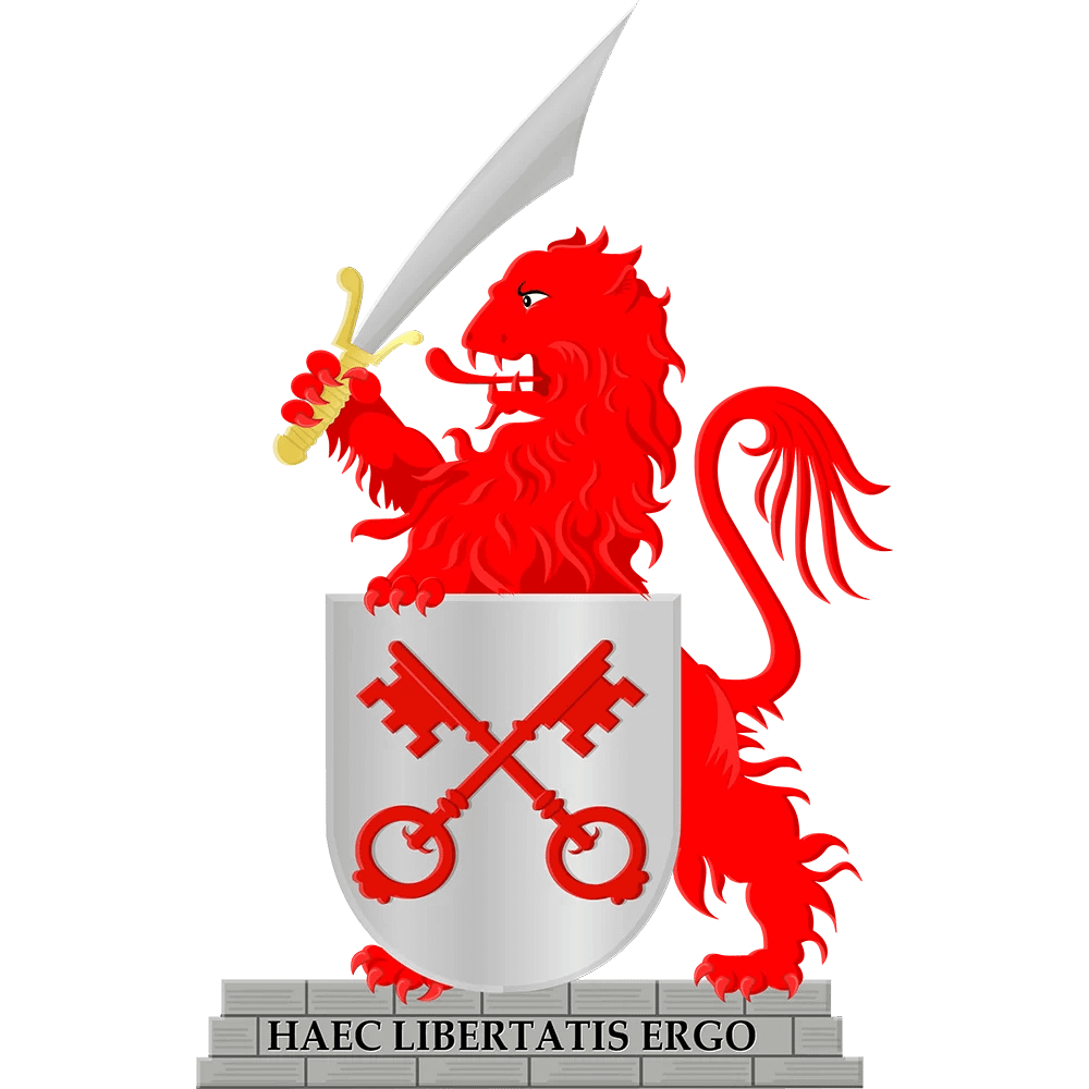 Wapen van Leiden Wapen van Leiden met rode leeuw, zwaard, schild met gekruiste sleutels en de spreuk “Haec Libertatis Ergo”.