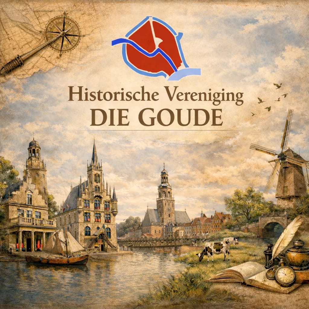 ChatGPT Image 12 mrt 2026, 21_07_37 Illustratieve historische stadsweergave van Gouda met het stadhuis, een kerk, een molen, een kanaal met boot, historische objecten en het logo van Historische Vereniging Die Goude.
