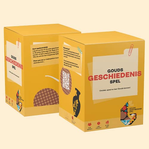 Gouds Geschiedenisspel doos met gele verpakking en Goudse illustraties, kaartspel over de geschiedenis van Gouda voor 2 tot 6 spelers